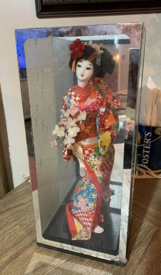 Vintage Japanese Porcelain Geisha Doll In Display Case - Exquisite 13.  5” Tall