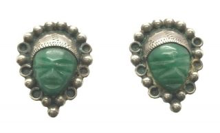 Vintage Sterling Silver Tribal Carved Green Onyx Face Head Screw Back Earrings