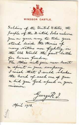 1918 King George V Letter To American Troops.