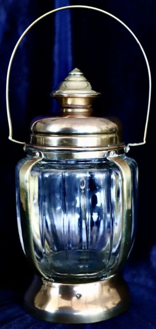 Vintage Retro Brass Glass Musical Biscuit Barrel " Little Brown Jug " 25 Cm High