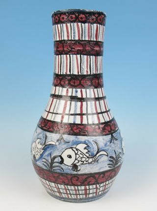 Large 15 " Vintage Mid - Century Italian Art Pottery Hand Painted Fish Vase Modern