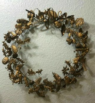Vintage Dresden Petite Choses Brass Wreath With Christmas & Animal Figures 17 "