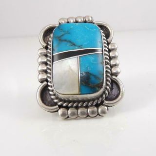 Large Vtg Native American Sterling Silver Blue Turquoise Inlay Ring Sz 7.  5 Lfk4