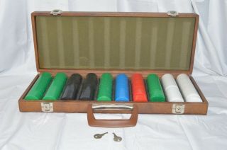Vtg Poker Faux Leather Case With Plastic Poker Chips.  With Keys.