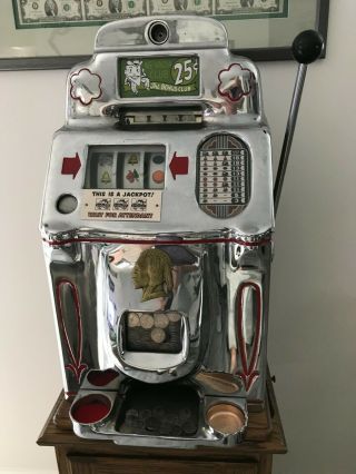 Jennings 25cent Standard Chief Slot Machine And Custom Oak Stand