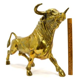 Vintage Heavy Brass Bull Statue Large 21 ",  24 Lbs Ox / Oxen Figurine Wall Street