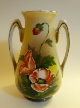 Vintage Japan Hand Painted Moriyama Mori - Machi Floral Double Handle Vase