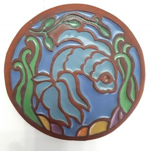 Vintage Catalina Island Red Clay Pottery Tile W/ Fish Round Wall Plaque Signed