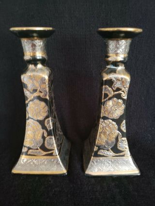 Vintage Hand - Painted Chinese Porcelain Candlestick Holders By Macau Toyo