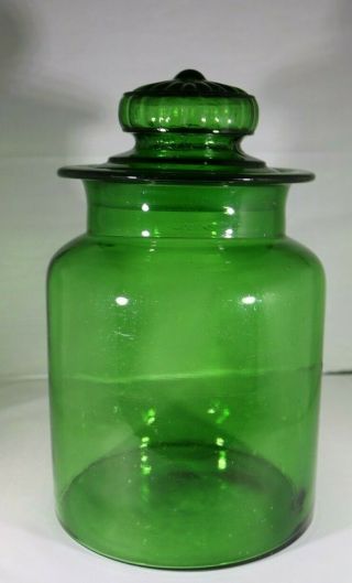Large Vintage Blown Green Glass Apothecary Jar Canister Ground Lid 11.  25 " Tall