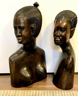 Set Of 2 African Tribal Wood Busts - Man & Woman - Hand Carved - Art Statues