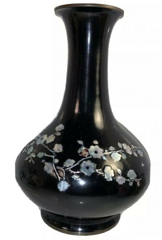 Vintage Enamel Over Brass Cloisonné Vase Mother Of Pearl Inlay Floral Pattern
