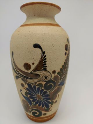 Vintage Mexican Stoneware Pottery Tonala Hand Painted Signed 8 3/4 " Bird Vase
