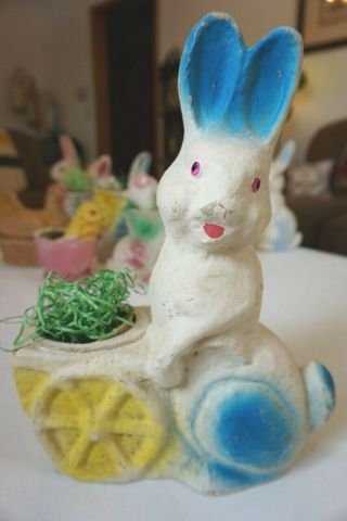 Vintage Pulp Paper Mache Easter Bunny Rabbit Candy Container 11 " Blue Yellow