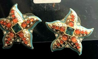 Vintage Faux Pearl,  Enameled Rhinestone K.  J.  L.  Starfish Figural Earrings