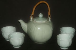 Vintage Chinese Celadon Green Longquan Pottery Teapot & 4 Cups