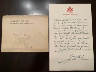 King George V Letter To American Soldiers 1918 W/ Envelope