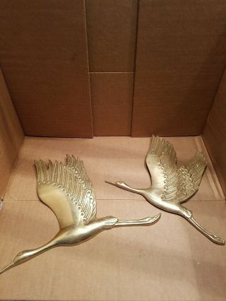 2 Vintage Brass Flying Birds Geese Ducks Wall Hanging Decor