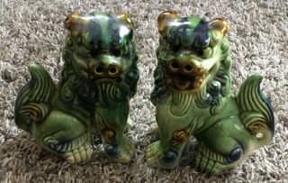 Set Of 2 Vintage Chinese Asian Glazed Ceramic Foo Dragon Dog Statues 5.  5”