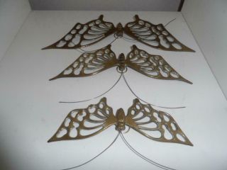 Set Of 3 Vintage Solid Brass Butterflies Wall Hang Butterfly Antenna 10 " 8 " 6 "