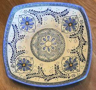 Javier Servin Mexico Pottery Dish Bowl Blue Yellow Navy Blue 10.  5”