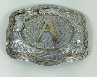 Crumrine Initial A Belt Buckle Heavy Silver Plate On Jewelers Bronze 3.  5x2.  75 "