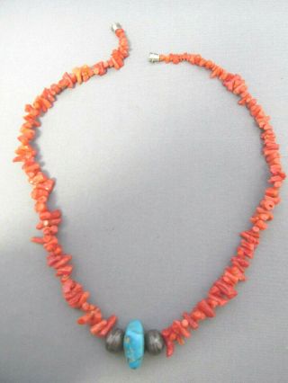Vintage Old Pawn Red Branch Coral Sterling Bead Turquoise Choker Necklace