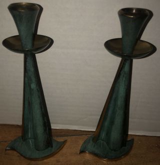 Vtg Brass And Green Enamel “made In Israel " Shabbat Candle Sticks Mcm