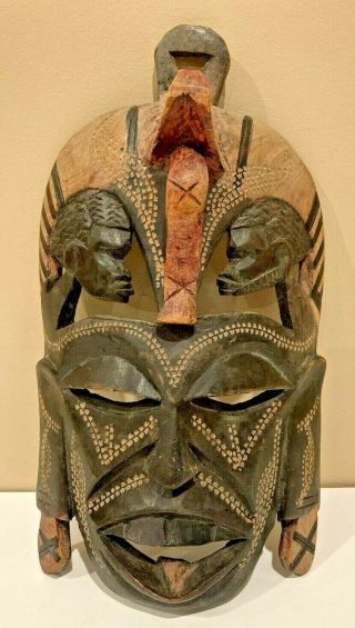 Vintage African Hand Made Carved Wood Wooden Kenya Jambo Mask 9 1/2 " X 4 1/2 "