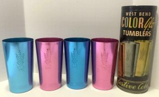 Vtg West Bend Color Glo Aluminum Tumblers Drinking Glasses Mid Century Set 4