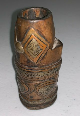 Antique Incense Burner Or Inkwell Wood Copper Brass Design India Middle Eastern