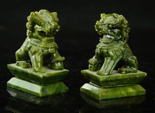 Rare A 100 China Natural Green Jade Hand - Carved Statues Fo Dog Lion