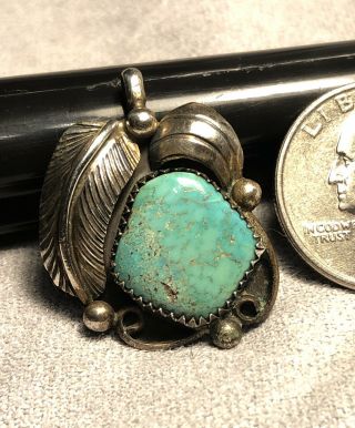 Vintage Navajo Sterling Silver Turquoise Pendant W/ Feather.  6 Grams.  1” Tall.