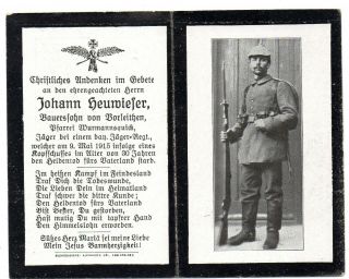 Vintage German Ww1 Death Card - Johann Heuwiefer - Jager Rgt - Fell 9may1915