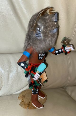 Vintage Native American 11” Wood Carved Grey Wolf Kachina Doll Signed By Artist