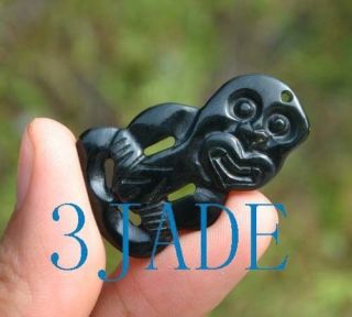 Natural Black Nephrite Jade Maori Hei Tiki Pendant Necklace Zealand Art