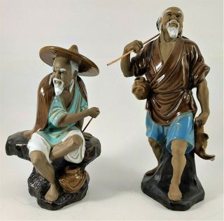 2 Vintage Chinese Mudman Pottery Figurine Bearded Fisherman,  Fisherman On Bench