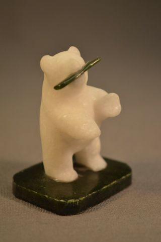 Vintage Inuit Polar Bear Figurine Marble Carving With Jade Fish And Base