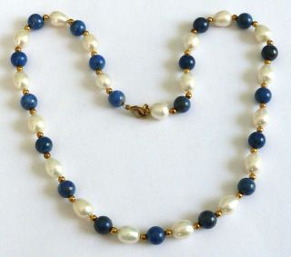 A Vintage 1980s Gold Tone Necklace With Sodalite Lapis & Freshwater Pearls