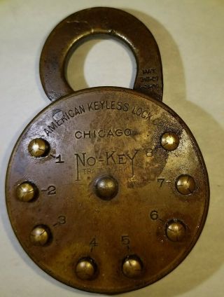 Vintage American Keyless Lock Co.  - No Key Combintaion Padlock Chicago Pat.  1909