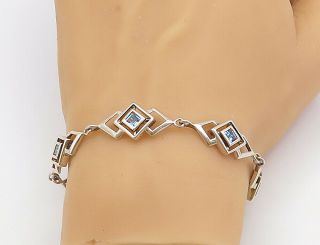 925 Sterling Silver - Vintage Blue Topaz Open Square Link Chain Bracelet - B8077
