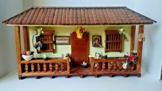Vintage Spanish Folk Art Wood Wall Hanging Front Porch Diorama 22 "