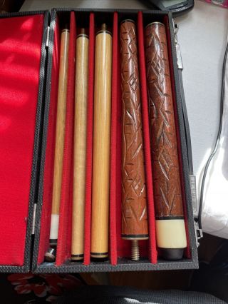 Vintage 5 Piece Hand Carved Wood Billiard Cue With Hardshell Case