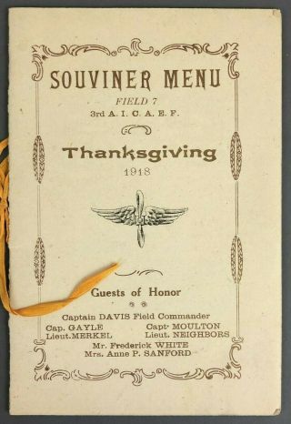 1918 Wwi 3rd Aic Aef Issoudun Thanksgiving Menu 37th 640th 173rd Aero Squadrons