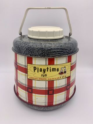 Vintage “playtime Jug” Fiberglass Insulated Beverage Plaid Picnic Cooler - 50’s