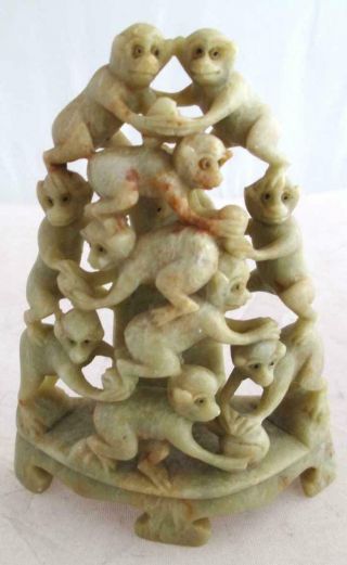 Soap Stone Carving Sculpture Pyramid Of 10 Monkeys Euc
