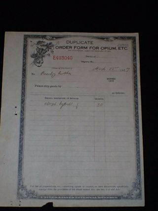 Wwi Us Duplicate Order Form For Opium 1917 Dated And Filled Out,  Scarce Document