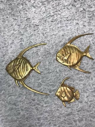 Set Of 3 Vintage Solid Brass Fish Wall Decor With Hooks