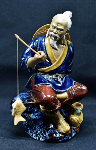 Vintage Chinese Shiwan Ceramic Mudman Fisherman Figurine With Fishing Pole