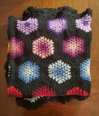 Vintage Handmade Crocheted Wool Afghan Multicolor Blanket